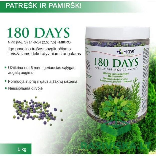 180 DAYS ILGO POVEIKIO TRĄŠOS SPYGLIUOČIAMS IR VISŽALIAMS, 1 KG