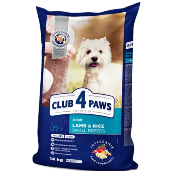 CLUB 4 PAWS PREMIUM Suaugusiems mažos veislės šunims Su ėriena ir ryžiais 14kg