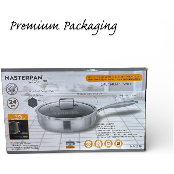 MASTERPAN nerūdijančio plieno gili keptuvė su dangčiu 28cm, MP-2339