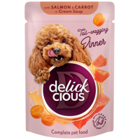 Delickcious juostelės su lašiša ir morkomis kreminėje sriuboje šunims, 85 g